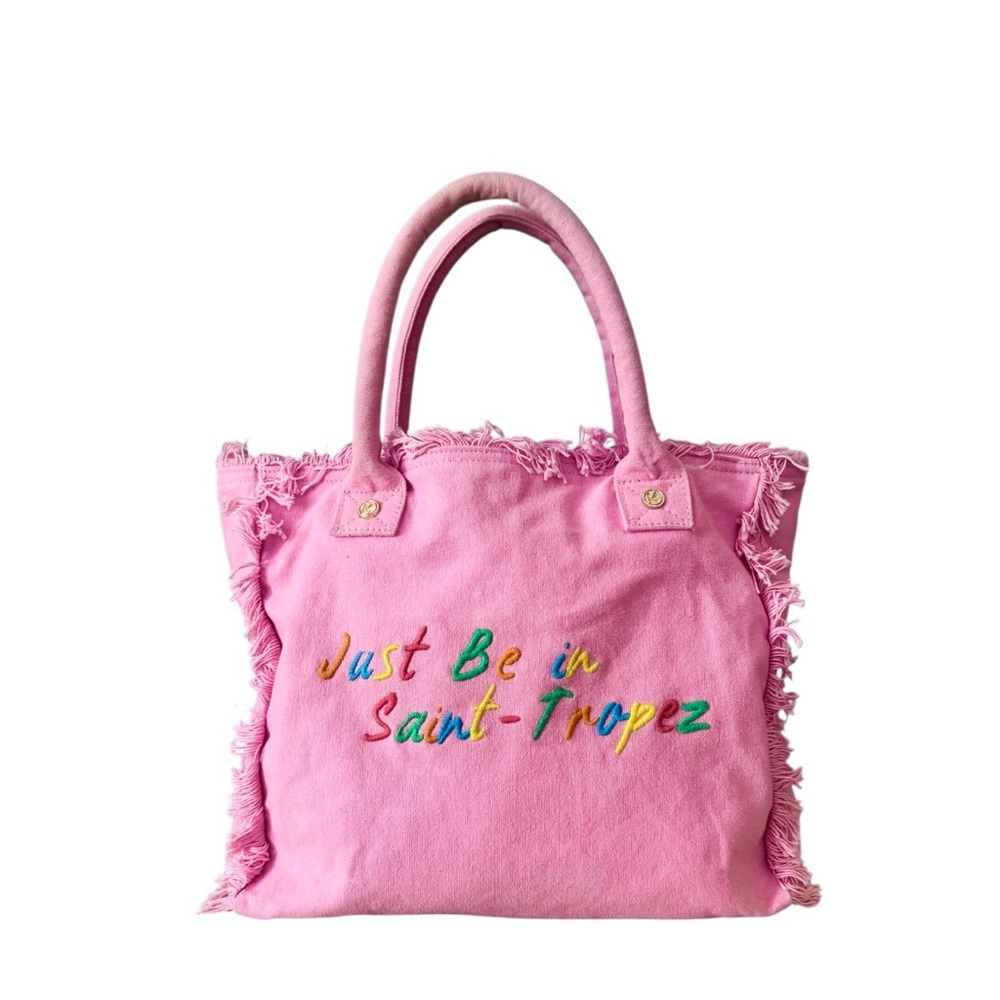 KIWI St-Tropez Pink Embroidered Cotton Top Handle Tote Beach Pool Vacation Bag